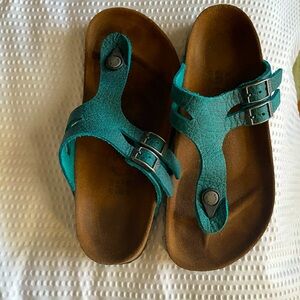 Birkenstock Birki’s teal leather thong sandals size 38 regular